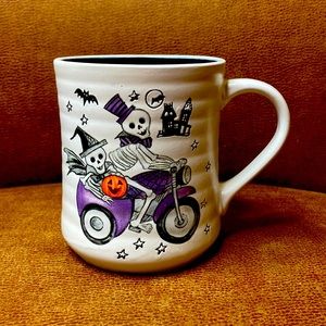 Cobwebs & Cauldrons Halloween Skeletons Riding Motorcycle 18 oz Ceramic Mug